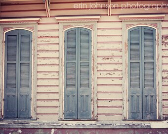 new orleans print, french quarter art, creole cottage, large living room wall art, blue home decor, pink home decor,  Three Shutters
