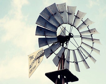 Rustic Windmill Farmhouse Fine Art Photography Print, Country Rustic Home Decor, Living Room Landscape Art, Blue Home Decor, Large Wall Art