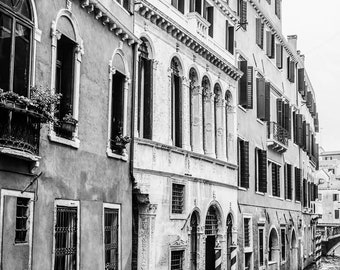 Black and White Venice Canal Photography Print, Italian Cityscape Wall Art, Venice Italy Architecture Print or Canvas