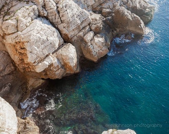 ocean photography, europe photograph. blue wall art, blue decor, rocks, travel, beige decor, water, Adriatic, The Deep Blue Sea