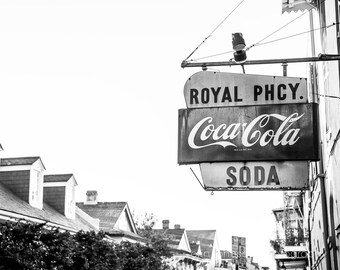 Black and White New Orleans Photography Art Print, French Quarter, Vintage Sign Home Decor, Art for Living Room, Royal Pharmacy No 2,