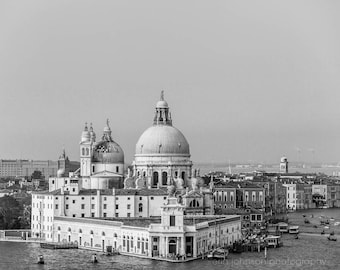 Black and White Venice Italy Photography Print, Monochrome European Cityscape, Travel Landscape Art, Large Room Artwork, La Salute Church