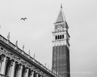 Black and White Venice Italy Art Print, Picture of St Marks Belltower, Canvas Wall Art