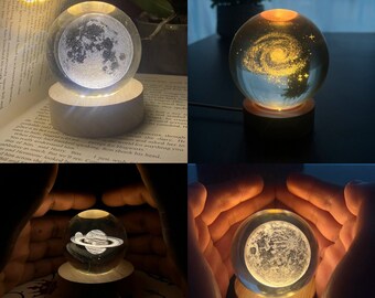 Veilleuse boule de cristal 3D, lampe boule de cristal, veilleuse en cristal, lampe galaxie, lampe planète, clair de lune, lampe de chevet - cadeau astronomie