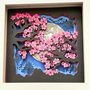 3D Cherry Blossom Night Shadow Box Art, Layered Cardstock Nature Decor