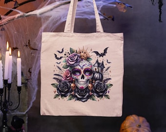 Gothic Glam Sugar Skull Halloween Cotton Canvas Tote Bag
