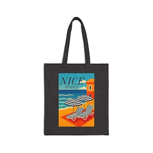 Tote Bag Nice France Destination Vacation Travel Vintage Beach Scene Cotton Canvas