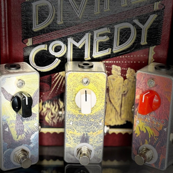 Noisemaker Effects Divinity Trio Set of Three Mini Pedals, Paradise Boost, Purgatory Distortion, and Inferno Octave Fuzz