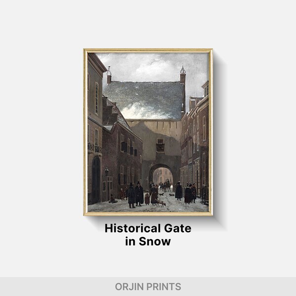 Historical Gate in Snow | 2096 | Old City Gate Art, White Winter Painting, Snow-Covered Streets, Historical Buildings Art, Digital Download