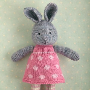 Knitting pattern for a bunny rabbit in a dotty dress (9 inches tall), instant digital download PDF file