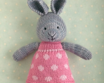 Knitting pattern for a bunny rabbit in a dotty dress (9 inches tall), instant digital download PDF file