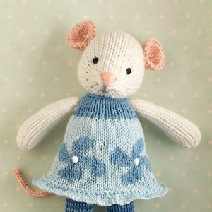 Knitting pattern for a mouse with a flowered and frilled dress (9 inches tall), instant digital download PDF file