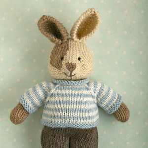 Knitting pattern: Bunny with a piebald patch, shorts and a stripy sweater (9 inches tall), instant digital download PDF
