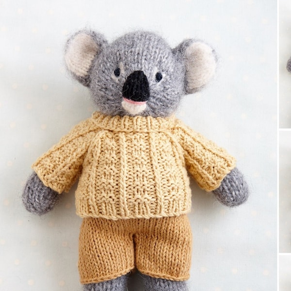 Toy knitting pattern for a koala in a sweater and shorts  (9 inches tall),  instant digital download PDF file