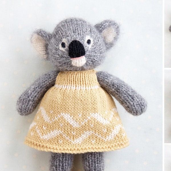 Toy knitting pattern for a koala in a dress (9 inches tall), instant digital download PDF file