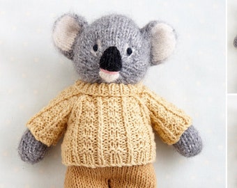 Toy knitting pattern for a koala in a sweater and shorts  (9 inches tall),  instant digital download PDF file