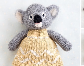 Toy knitting pattern for a koala in a dress (9 inches tall), instant digital download PDF file