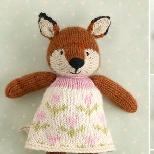 Toy knitting pattern for a fox/deer in a flowery frock (9 inches tall), instant digital download PDF file