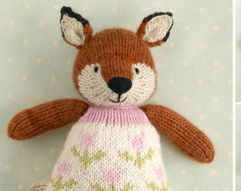 Toy knitting pattern for a fox/deer in a flowery frock (9 inches tall), instant digital download PDF file