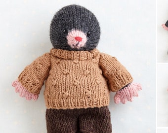 Toy Knitting Pattern for a Mole in a sweater and shorts  (9 inches tall), instant digital download PDF file