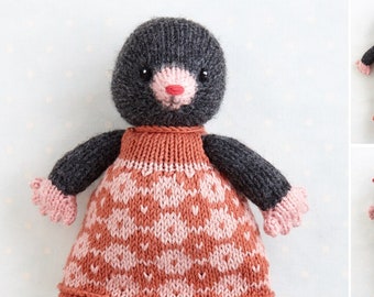 Toy knitting pattern for a mole in a dress (9 inches tall), instant digital download PDF file