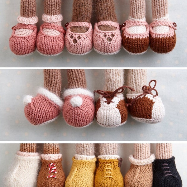 Small removable toy shoes and boots (to fit 7 inch little cotton rabbit animal patterns) knitting pattern, instant digital download PDF file