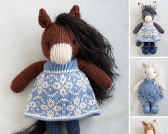 NEW*  Toy knitting pattern for a horse / donkey / unicorn in a dress (9 inches tall)