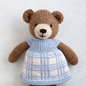 Knitting pattern for a bear with a plaid dress (9 inches tall), instant digital download PDF file