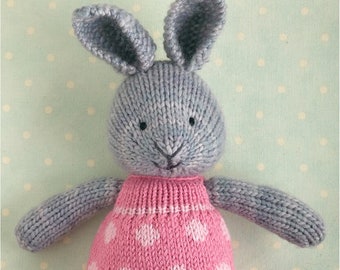 Toy knitting pattern for a bunny rabbit in a dotty dress (9 inches tall), instant digital download PDF file