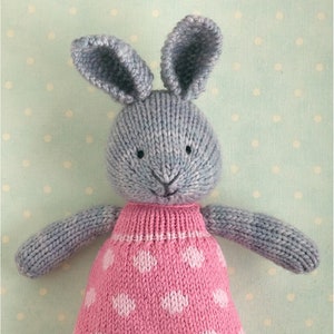 Toy knitting pattern for a bunny rabbit in a dotty dress 9 inches tall, instant digital download PDF file image 1