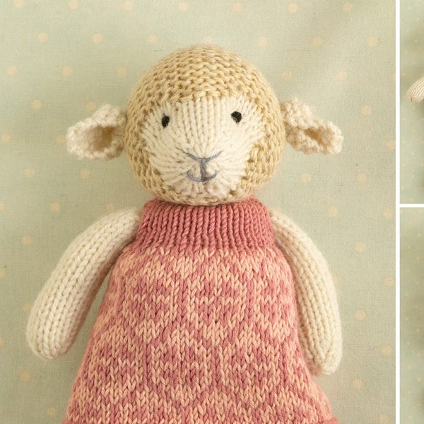 Toy knitting pattern for a lamb with a honeycomb and flowers patterned dress (9 inches tall), instant digital download PDF file