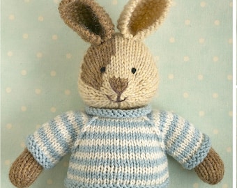 Toy knitting pattern for a bunny rabbit with a piebald patch, shorts and a stripy sweater (9 inches tall), instant digital download PDF file