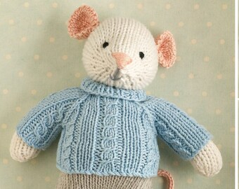 Toy knitting pattern for a mouse toy with a cabled sweater and shorts (9 inches tall), instant digital download PDF file