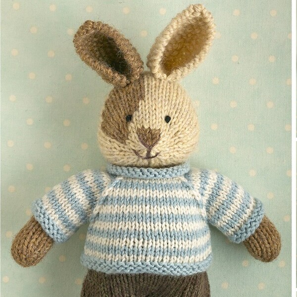 Toy knitting pattern for a bunny rabbit with a piebald patch, shorts and a stripy sweater (9 inches tall), instant digital download PDF file