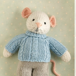Toy knitting pattern for a mouse toy with a cabled sweater and shorts (9 inches tall), instant digital download PDF file
