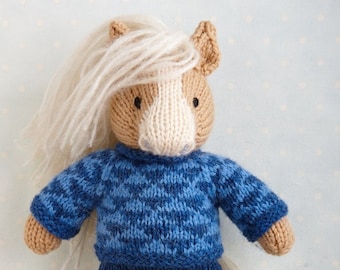 Toy Knitting Pattern for a Horse, Donkey and Unicorn in a sweater and shorts  (9 inches tall), instant digital download PDF file