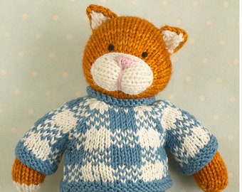 Toy knitting pattern for a cat with a plaid sweater and shorts (9 inches tall), instant digital download PDF file