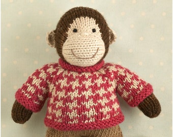 Toy knitting pattern for a monkey with a houndstooth sweater (9 inches tall), instant digital download PDF file