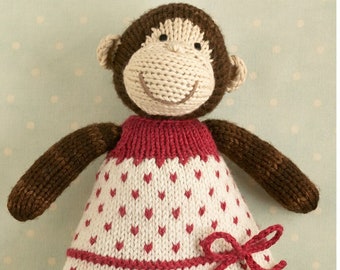 Toy knitting pattern for a monkey with a spotted dress (9 inches tall), instant digital download PDF file