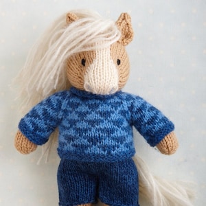 Toy Knitting Pattern for a Horse, Donkey and Unicorn in a sweater and shorts 9 inches tall, instant digital download PDF file image 1