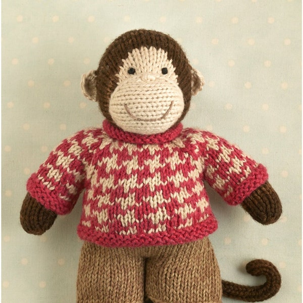 Toy knitting pattern for a monkey with a houndstooth sweater (9 inches tall), instant digital download PDF file