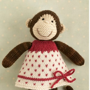 Toy knitting pattern for a monkey with a spotted dress 9 inches tall, instant digital download PDF file image 1