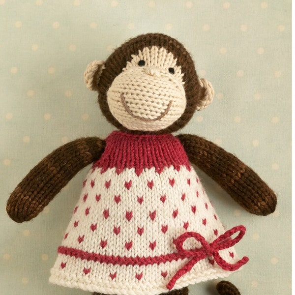 Toy knitting pattern for a monkey with a spotted dress (9 inches tall), instant digital download PDF file