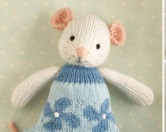 Toy knitting pattern for a mouse with a flowered and frilled dress (9 inches tall), instant digital download PDF file