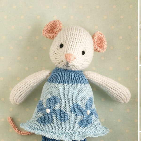 Toy knitting pattern for a mouse with a flowered and frilled dress (9 inches tall), instant digital download PDF file