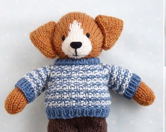 Toy Knitting Pattern for a Dog in a sweater and shorts  (9 inches tall), instant digital download PDF file