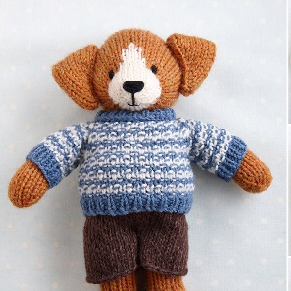 Toy Knitting Pattern for a Dog in a sweater and shorts  (9 inches tall), instant digital download PDF file