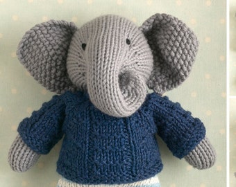 Toy knitting pattern for an elephant in a textured sweater (9 inches tall), instant digital download PDF file