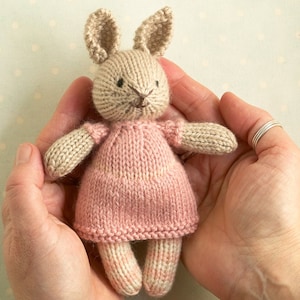 Knitting pattern for a mini bunny and bear in a dress and stockings, instant digital download PDF file