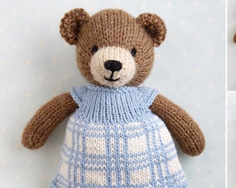 Toy knitting pattern for a bear with a plaid dress (9 inches tall), instant digital download PDF file